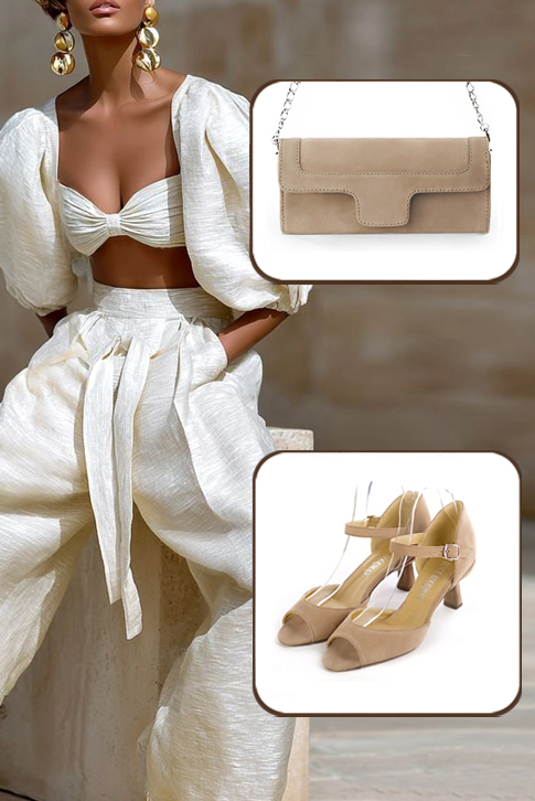 Women's tan beige elegant sandals with instep strap. Square toe. Medium spool heels - Worn view
